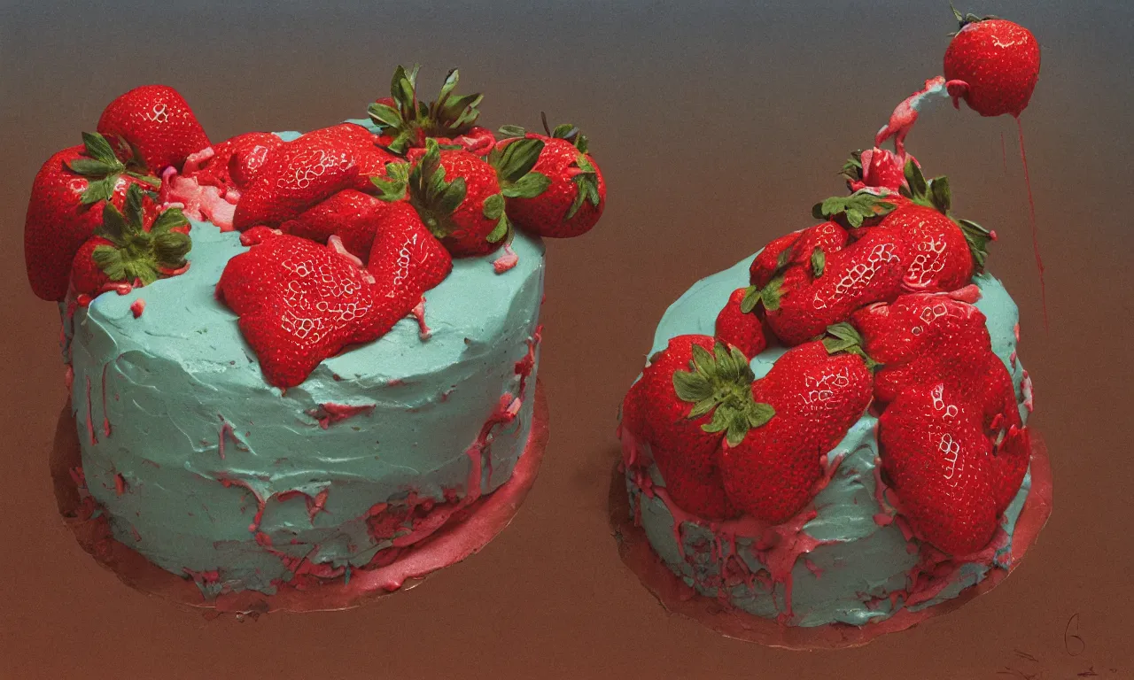 Prompt: a strawberry birthday cake, body horror, by gerard brom, zdzisław beksinski and ansel adams technicolor