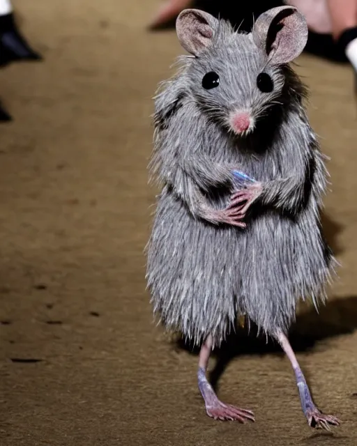 Image similar to a tiny dirty rat is the protagonist of the latest haute - couture milan fashion show