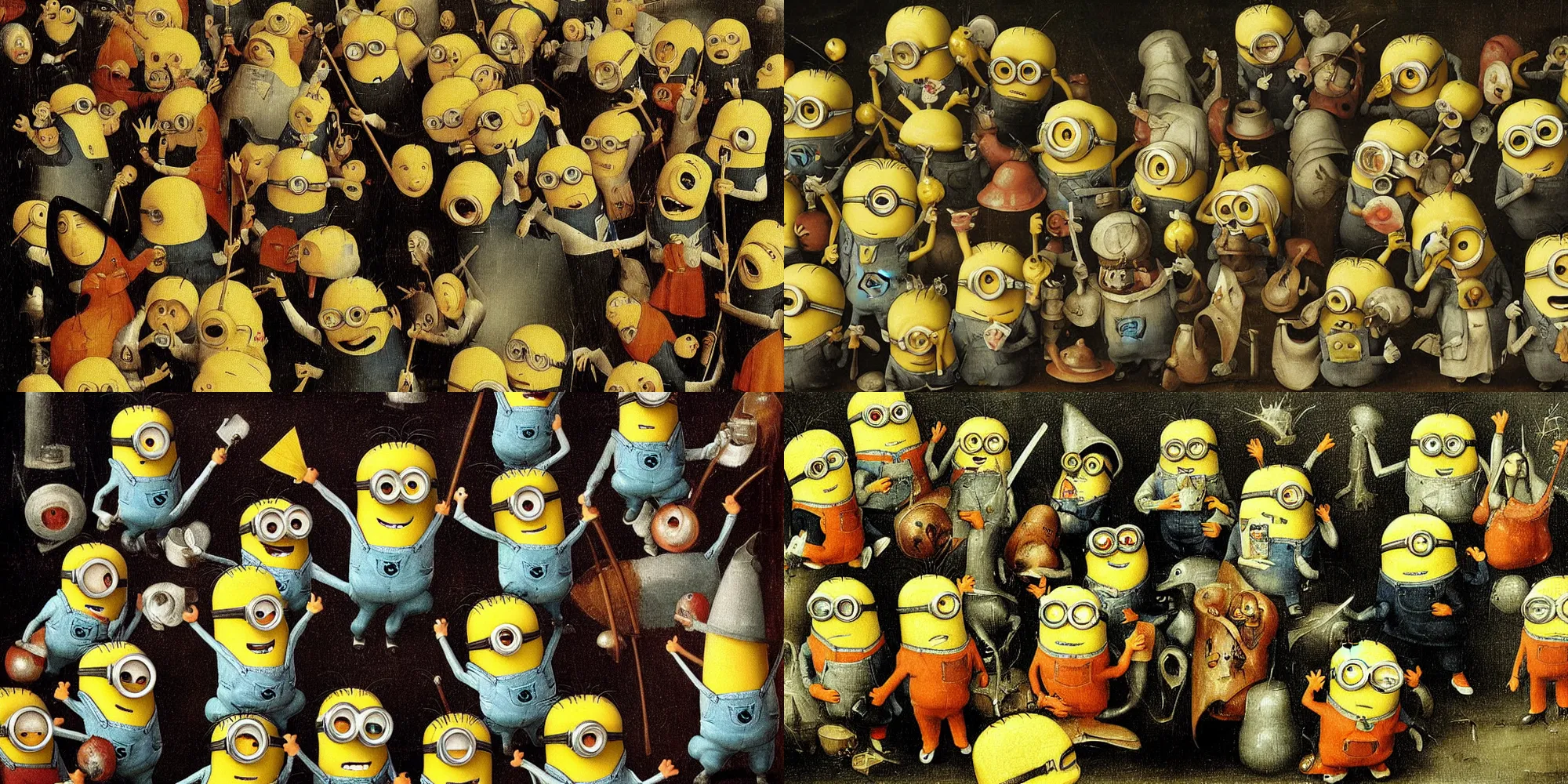 Prompt: minions painted by Hieronymus Bosch