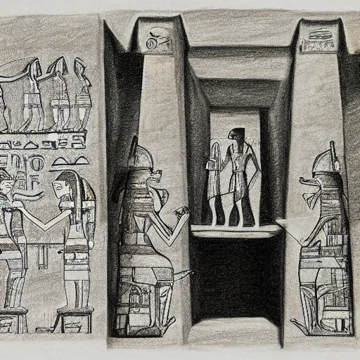 Image similar to a drawing of an oil rig inside an ancient egyptian pyramide,