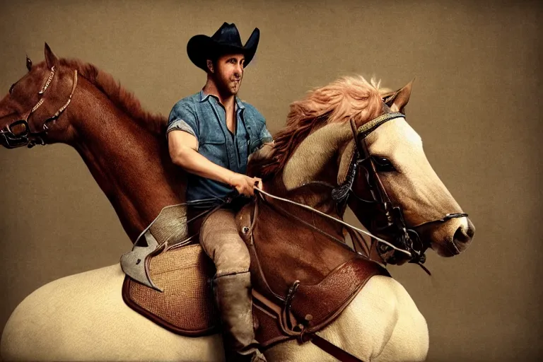 Image similar to multicolor 3d render of ryan gosling rides a horse by ray caesar created at contemporary in 4k ultra high resolution, with funny feeling