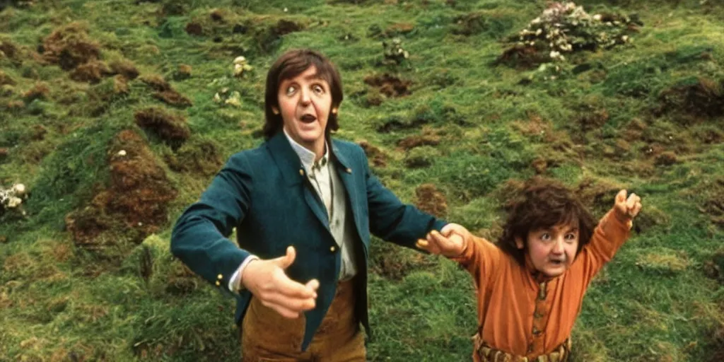 Image similar to A full color still of Paul McCartney dressed as a hobbit, holding his palm up, directed by Stanley Kubrick, 35mm, 1970