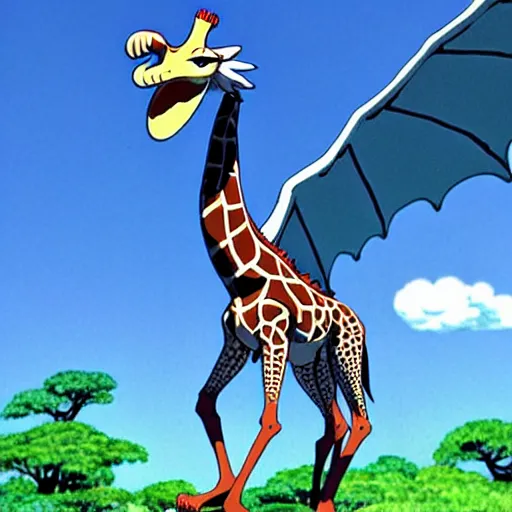 Image similar to giraffe with big blue feathered dragon wings on its back, full body shot, wings, by studio ghibli