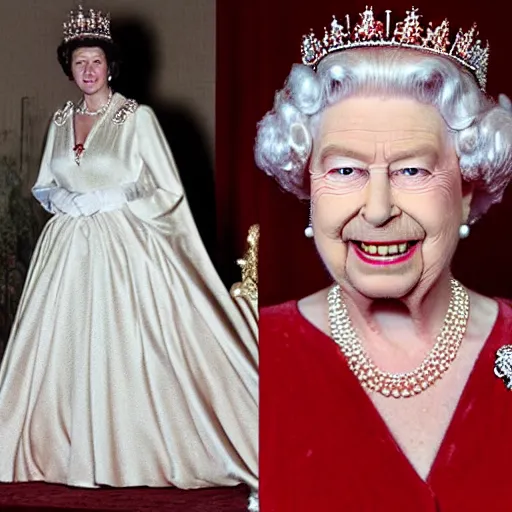 Prompt: queen elizabeth in a red velvet cake costume