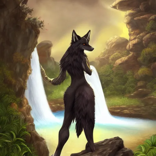 Image similar to fantasy art of a noble werefox standing in front of a waterfall, photorealistic, Hibbary, Dark Natasha, Goldenwolf, FurAffinity