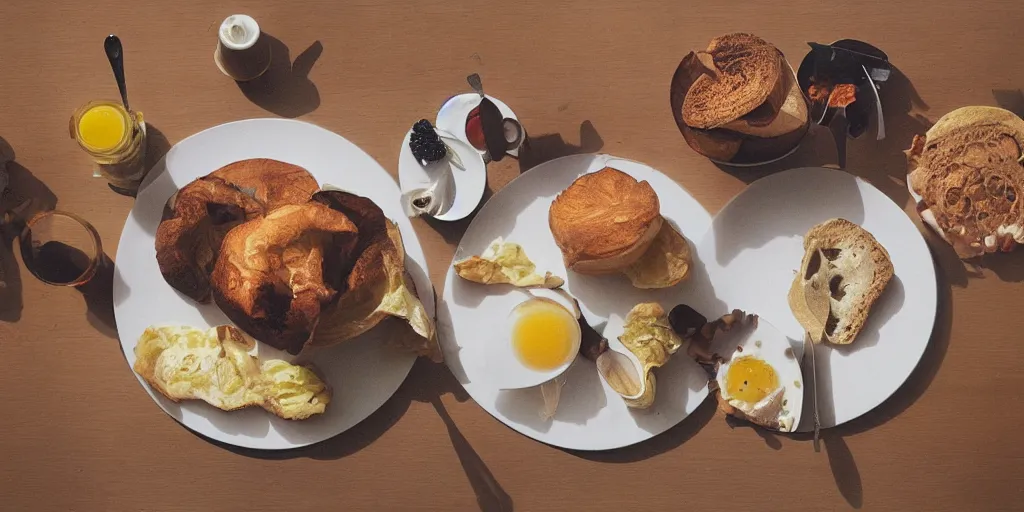 Prompt: Wolfgan Tillmans photograph of a breakfast table, still, photography, fine art photography