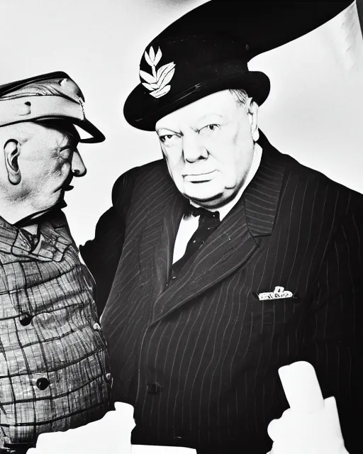 Prompt: 35mm macro photograph of Stalin and Winston Churchill, vibrant high contrast, octane, arney freytag, Fashion photo shoot,, glamorous, tattoos,shot in the photo studio, backlit, rim lighting, 8k