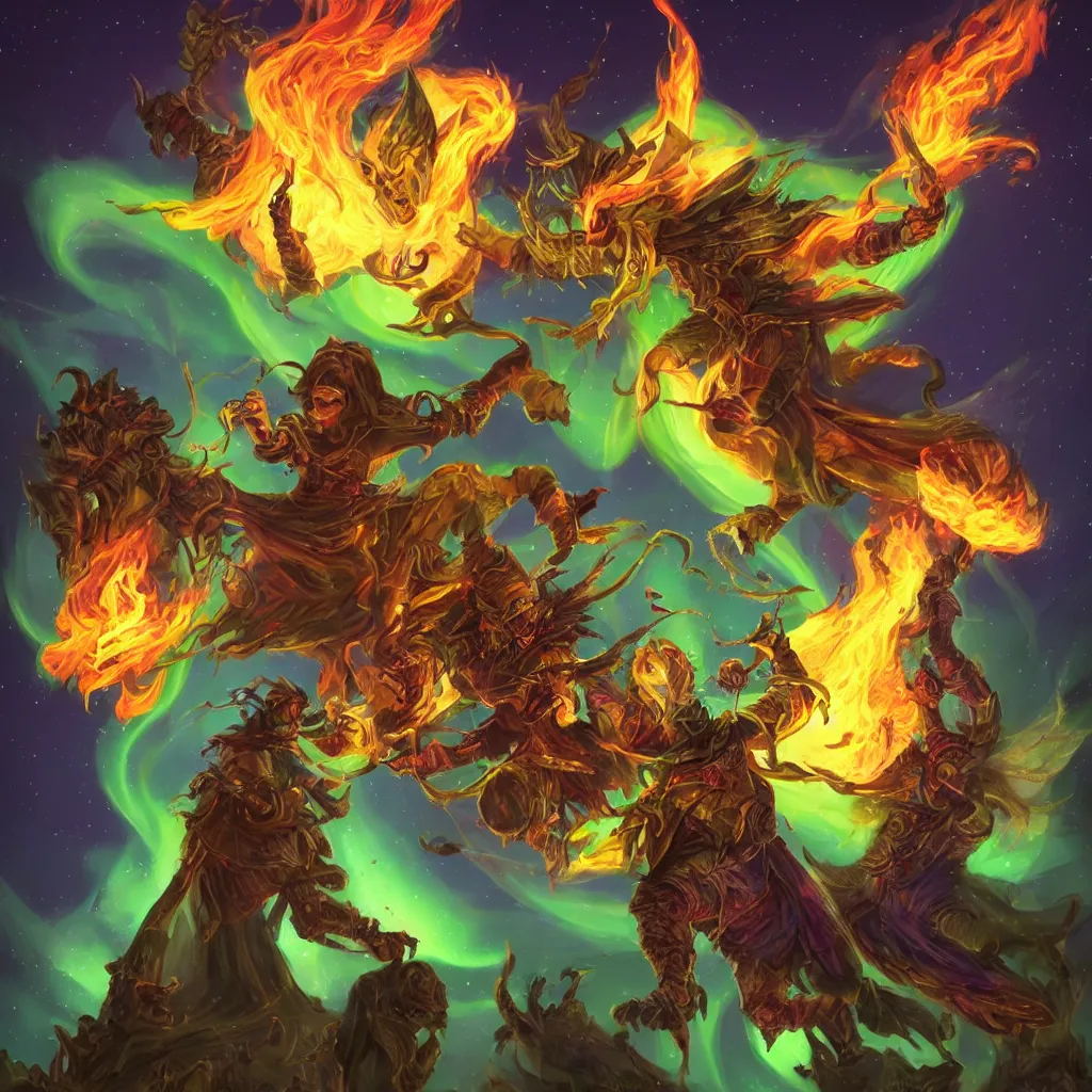 Image similar to dungeons and dragons, hyper detailed, realistic, warlock with pet imp, magic aura, northern lights, fumes and flames in background, full body