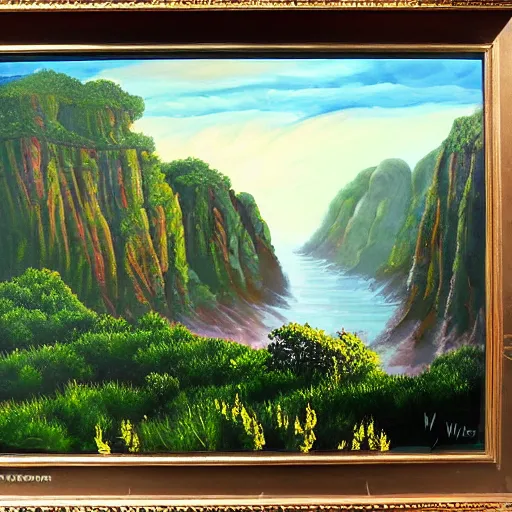 Image similar to acrylic painting of a lush natural scene on an alien planet by wim van de wege. beautiful landscape. weird vegetation. cliffs and water.