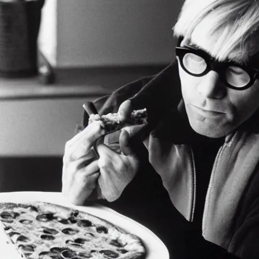 Prompt: a photo of andy warhol eating a delicious slice of pizza