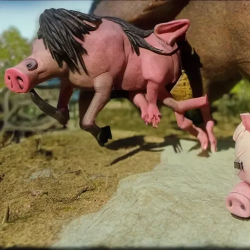 Prompt: witcher riding on pig, claymation, cinematic, 8 k,