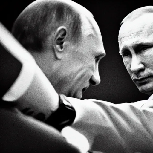 Image similar to Vladimir Putin shaking hands with Walter White, 8k, cinematic, depth of field, dslr,