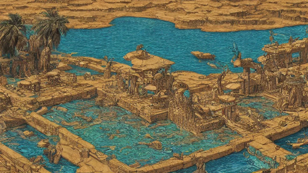 Prompt: epic masterpiece of Ancient Egypt aquatic origin mythos, cinematic, establishing shot, extremely high detail, oil painting, intricate line drawings, 8k resolution