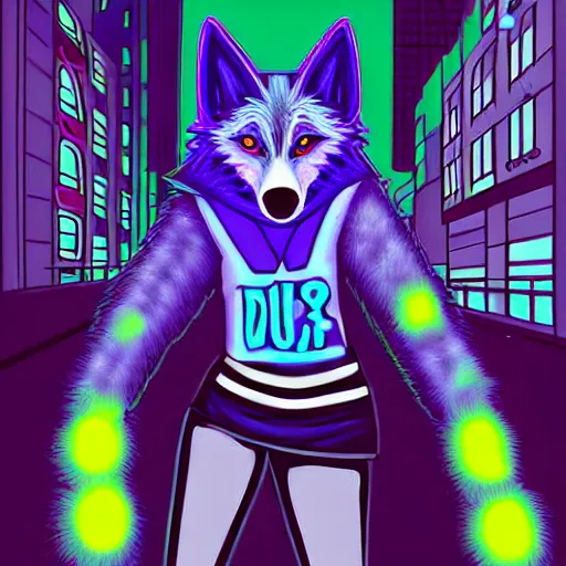 Image similar to beautiful commission digital art portrait commission of an androgynous furry anthro wolf wearing punk clothes in the streets of a cyberpunk city. neon signs, adverts, holographics. character design by zaush, rick griffin, tessgarman, angiewolf, rube, miles df, smileeeeeee, furlana, fa, furraffinity