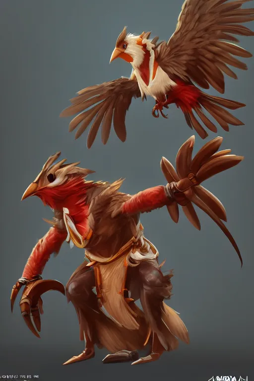 Image similar to Trendy Anthropomorphic bird, MOBA character concept art by Jason Chan and Willian Murai, 8k, unreal engine