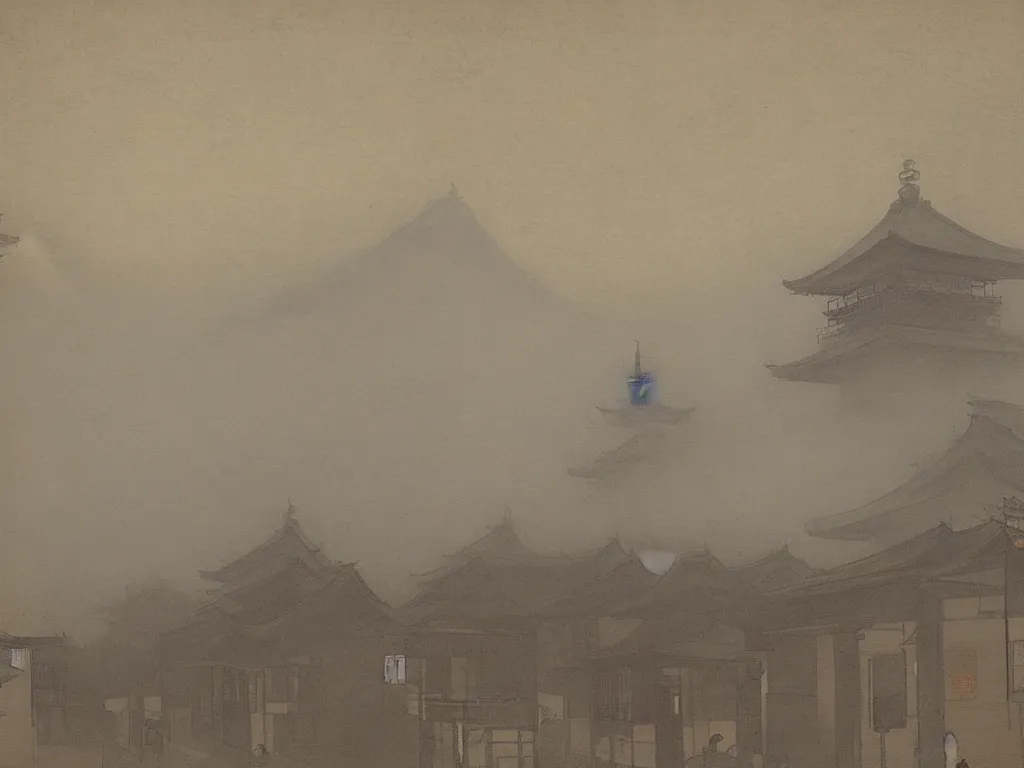 Prompt: View of the old Kyoto in the fog. Painting by Whistler