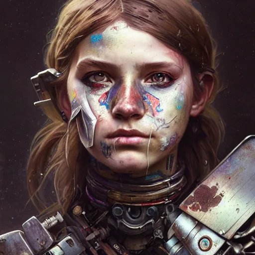 Prompt: portrait painting of a post - apocalyptic teenage girl with warpaint on her face wearing scrap armor, concept art, intricate details, eerie, highly detailed, octane render, 8 k, unreal engine. art by artgerm and greg rutkowski and charlie bowater and magali villeneuve and alphonse mucha