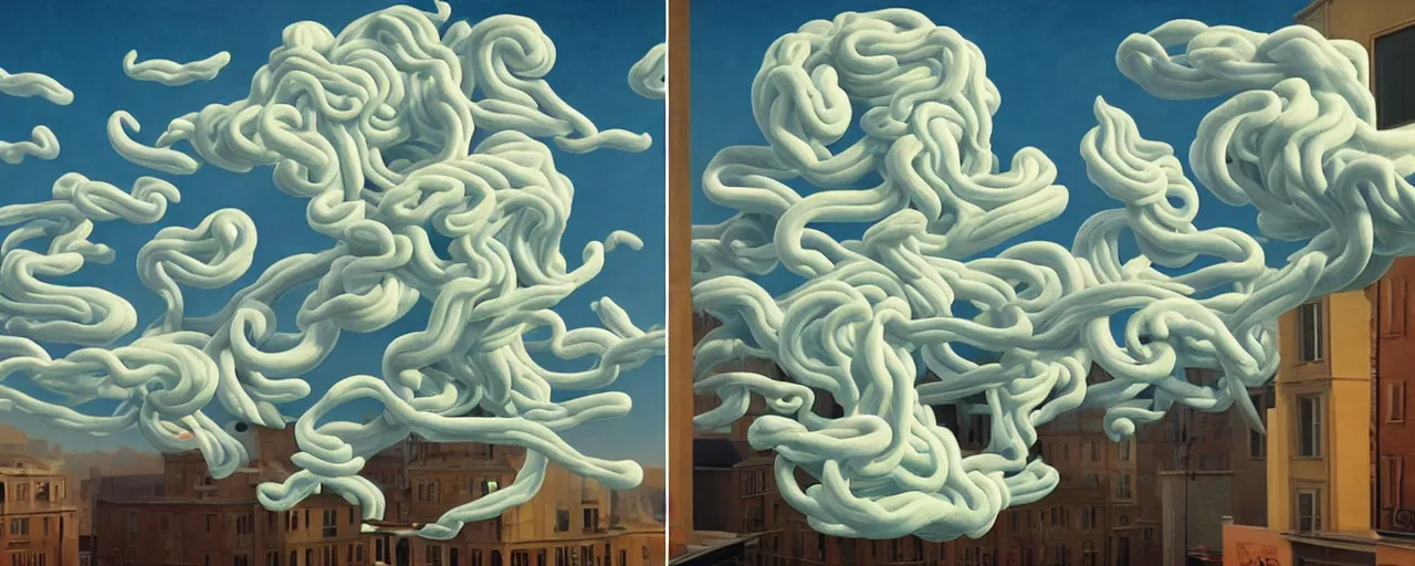 Image similar to a swirling cloud of snake medicine. Painting by René Magritte, 3D rendering by Beeple, sketch by R. Crumb