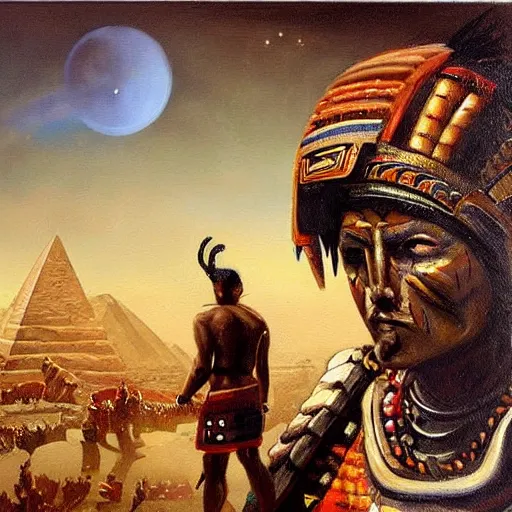 Image similar to simonetti rutkowski painting aztec warrior watching alien spaceship arriving to pyramid