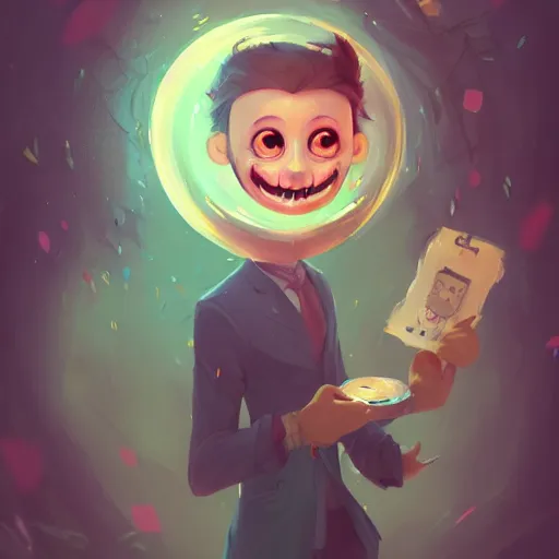 Prompt: a portrait of the happy mask salesman, cute, art by lois van baarle and loish and ross tran and rossdraws and sam yang and samdoesarts and artgerm and saruei and disney and wlop, digital art, highly detailed, intricate, sharp focus, trending on artstation hq, deviantart, unreal engine 5, 4 k uhd image