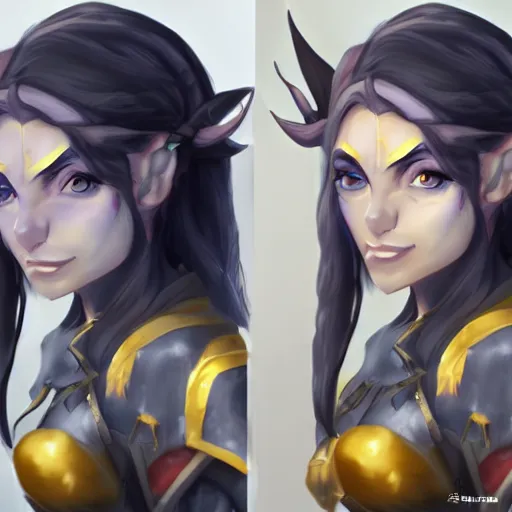 Image similar to a night elf girl with grey skin, yellow eyes and hair, ponytail, wearing armor, highly detailed, digital painting, artstation, matte, by makoto shinkai, animation style