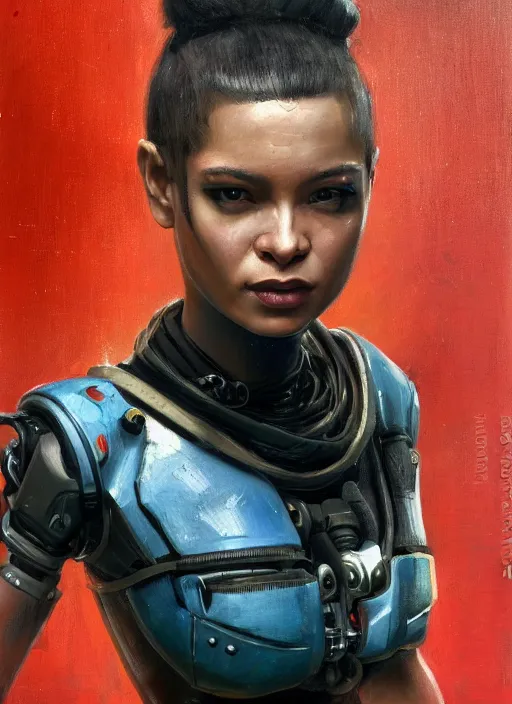 Image similar to Sophie Igwe. Strong Beautiful Cyberpunk mechanic with robotic legs. (Cyberpunk 2077, bladerunner 2049). Gorgeous face. Iranian orientalist portrait by john william waterhouse and Edwin Longsden Long and Theodore Ralli and Nasreddine Dinet, oil on canvas. Cinematic, vivid colors, hyper realism, realistic proportions, dramatic lighting, high detail 4k