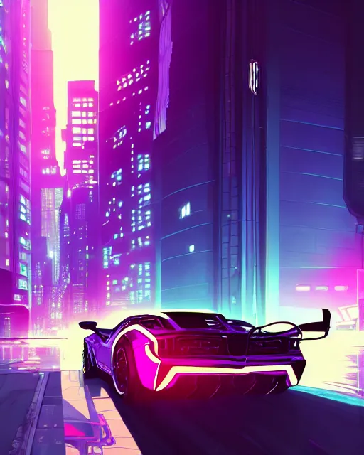 Image similar to digital illustration of cyberpunk pretty girl with blue hair, standing in front of a purple lamborghini, in city street at night, by makoto shinkai, ilya kuvshinov, lois van baarle, rossdraws, basquiat