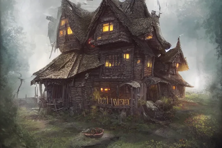 Prompt: a hyperrealistic fantasy illustration of Baba-Yaga's house. Trending on ArtStation. In the style of Jason Chan and Tuomas Korpi.
