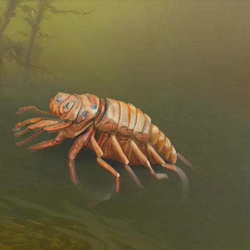 Image similar to humanoid isopod, swamp, forest, foggy, oil painting