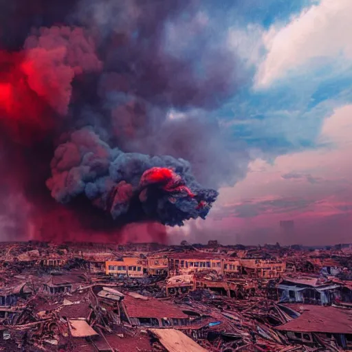 Image similar to destroyed american city, dystopian, war, real, blue sky, smoke, red clouds, detailed, award winning, masterpiece, photograph, cinematic