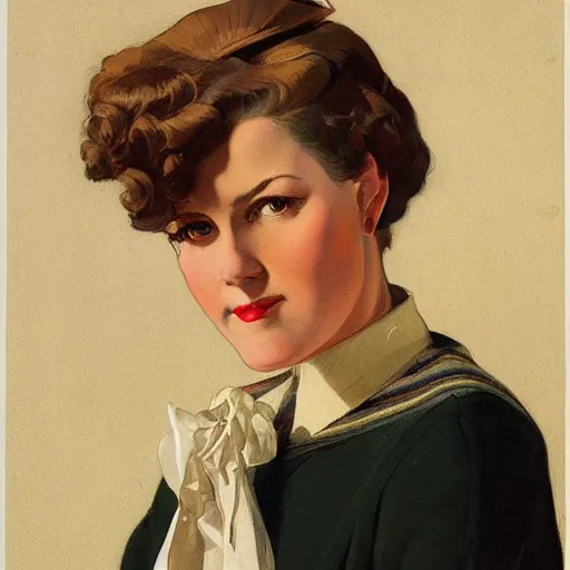 Prompt: portrait of a woman with a sweater, shirt, and tie, by j. c. leyendecker