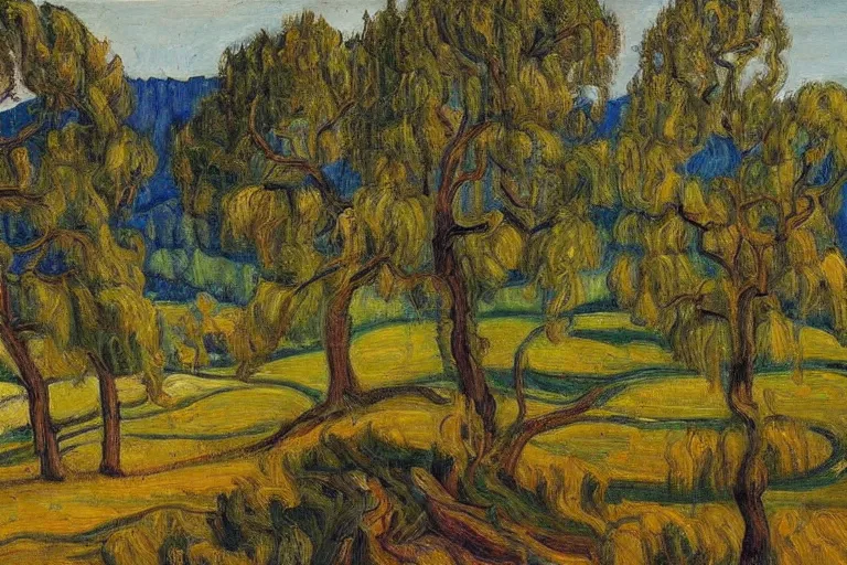 Image similar to masterpiece painting of oak trees on a hillside overlooking a creek, dramatic lighting, by j. e. h. macdonald