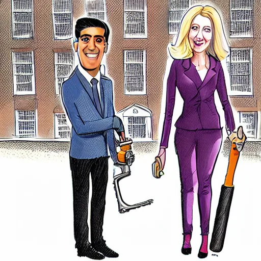 Prompt: rishi sunak holding a chainsaw, liz truss holding a baseball bat at number 1 0 downing street, cartoon style