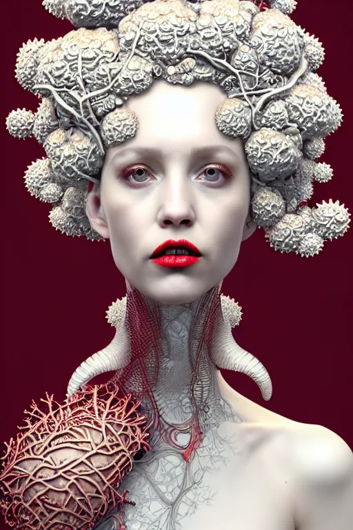 Image similar to complex 3 d render, hyper detailed ultrasharp beautiful biomechanical mandelbrot fractal steampunk filigree mesh wire female cyborg portrait with a porcelain profile face, albino afro, elegant crown with big hydrangea foliage leaves stems roots, red lips, alexander mcqueen haute couture, art nouveau fashion, octane render, 8 k