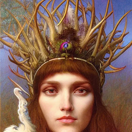 Image similar to a detailed portrait of a green haired brown eyed queen of feathers with an antler crown by wayne barlowe and mucha