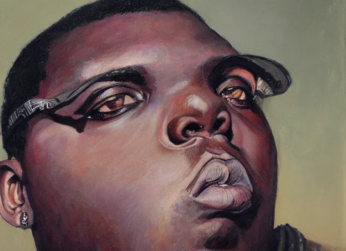 Image similar to a highly detailed beautiful portrait of notorious b. i. g on lsd, by gregory manchess, james gurney, james jean