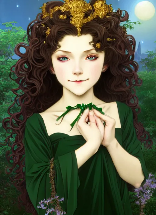 Prompt: young blond vampire girl, goddess of green velvety malachite and obsidian diamonds and black roses with long curly, golden hair, perfectly proportioned face, brown eyes, sweet smile, strong jawline,, natural lighting, path traced, highly detailed, high quality, cartoon, digital painting, by new haicheng and studio ghibli and alphonse mucha