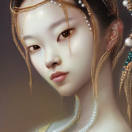 Prompt: a beautiful portrait of a pearl goddess with glittering skin, a detailed painting by sim sa - jeong, featured on cgsociety, fantasy art, detailed painting, artstation hd, photorealistic