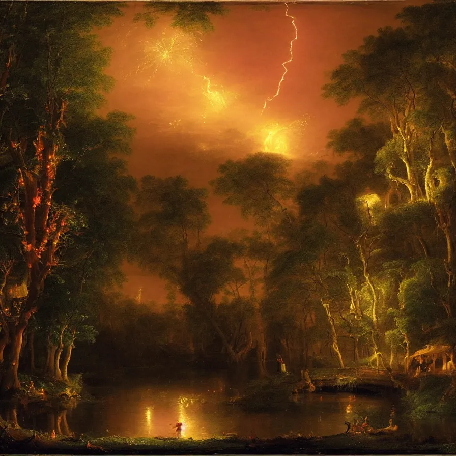 Prompt: a night carnival around a magical tree cavity with a rounded scenario with many fireworks and christmas lights, with a surreal orange moonlight, next to a lake with iridiscent water, volumetric lightning, folklore people disguised as fantastic creatures in a magical forest by summer night, masterpiece painted by thomas cole, scene by night, dark night environment, refraction lights, glares