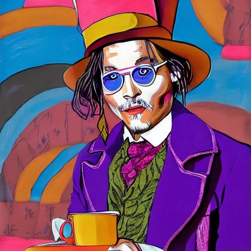 Image similar to Johnny Depp is covered in a blanket and drinking tea in Willy Wonka's Chocolate Factory, Illustration, Colorful, by Liu Wei