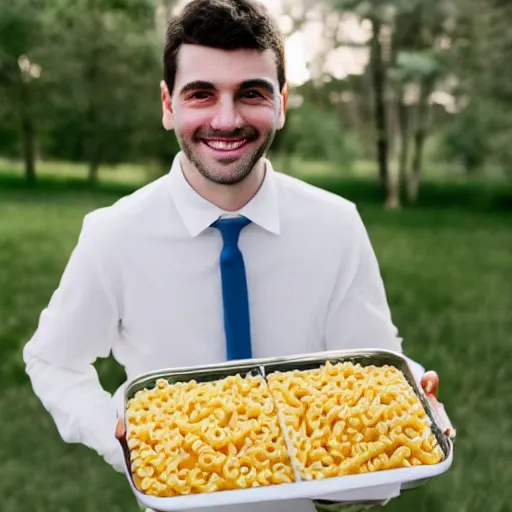 Prompt: a man smiling brings a tupperware of macaroni to a wedding