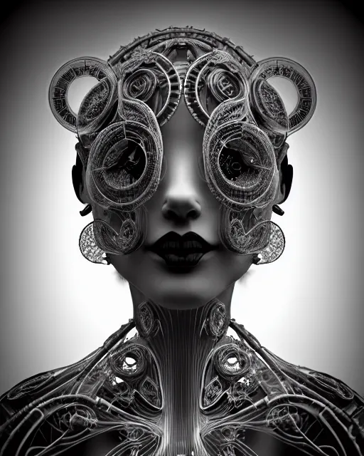 Image similar to mythical dreamy black and white organic bio - mechanical spinal ribbed profile face portrait detail of translucent steampunk beautiful female angelic - human - queen - vegetal - cyborg, highly detailed, intricate crystal ivy jelly ornate, poetic, translucent roses ornate, 3 d render, digital art, octane render, 8 k artistic photography, photo - realistic, by dora maar