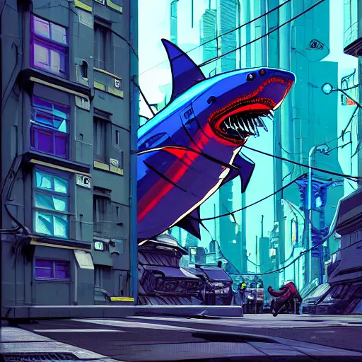 Prompt: A cyberpunk shark cyborg on the street of a cyberpunk city, Dutch angle, 150 mm, art by Josan Gonzalez, sci-fi, highly detailed, digital painting, artstation, smooth, sharp focus, illustration, concept art by Josan Gonzalez and James Gurney and Mœbius