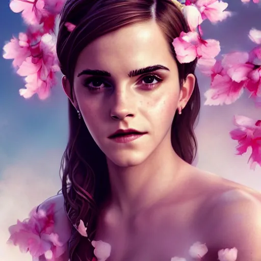 Prompt: emma watson expressive full body photo, of beautiful angel, smooth glowing skin, ornate headpiece made from pink flowers, glamour shot, by yoshitaka amano, by greg rutkowski, by jeremyg lipkinng, by artgerm, digital art, octane render