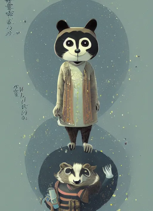 Prompt: a fantasy illustration portrait of an anthropomorphic raccoon mage, by victo ngai, by stephen gammell, by george ault, in the style of animal crossing, artstation