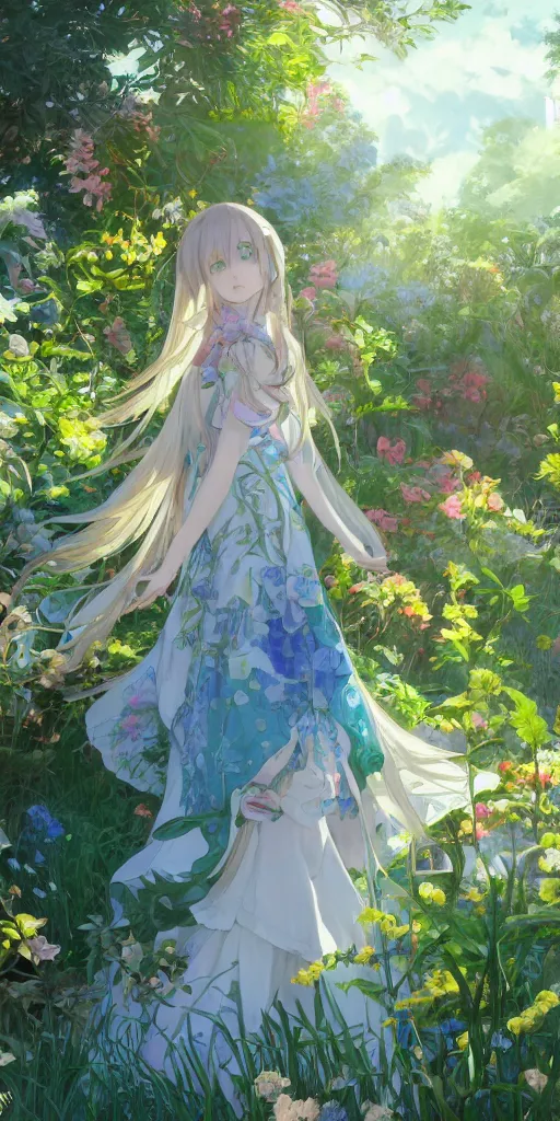 Image similar to a digital art of a loli with long hair in a dress in the privet garden at after noon, green and warm theme, blue flowers accents, back lighting, by krenz cushart and mucha and akihito yoshida and greg rutkowski and makoto shinkai, highly detailed, 4 k resolution, trending on art station