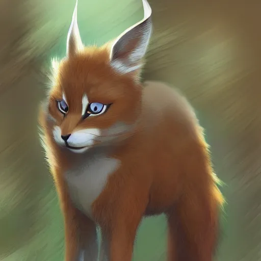 Prompt: cute fluffy caracal in pants, facing the camera, anime art style, portrait, high detail, sharp focus, digital painting, artstation, art by hayao miyazaki.