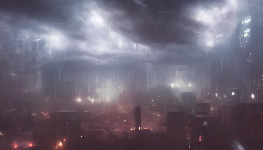 Image similar to man in sky falling through clouds over a dark cyberpunk city, digital art, volumetric lighting, dystopia, artstation, concept art, painting