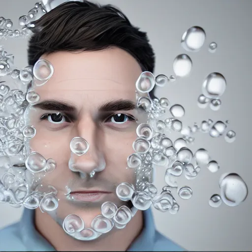 Prompt: dramatic closeup a man who's face is made of bubble wrap plastic, a finger is popping one of the bubbles, realistic blender render, translucency and subsurface scattering