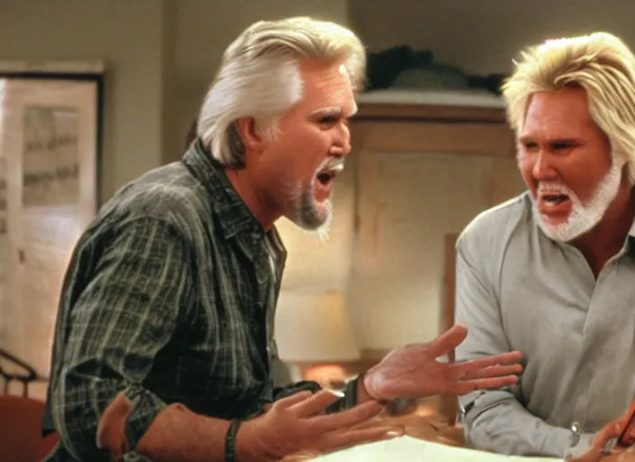 Image similar to film still of Kenny Rogers and Gary Busey yelling at a computer in the new You've Got Mail movie, 4k